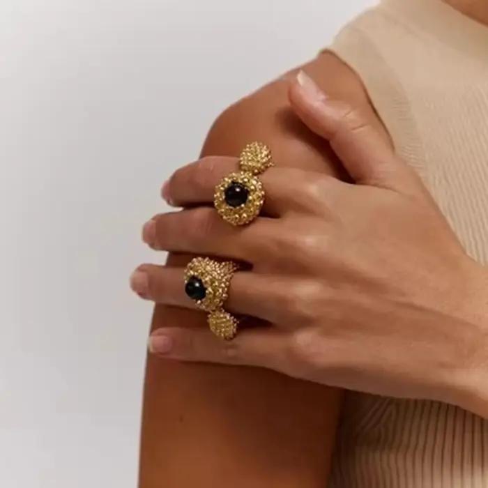 Bagues ouvertes épaisses en métal d'agate noire plaquée or Vintage pour femmes et filles