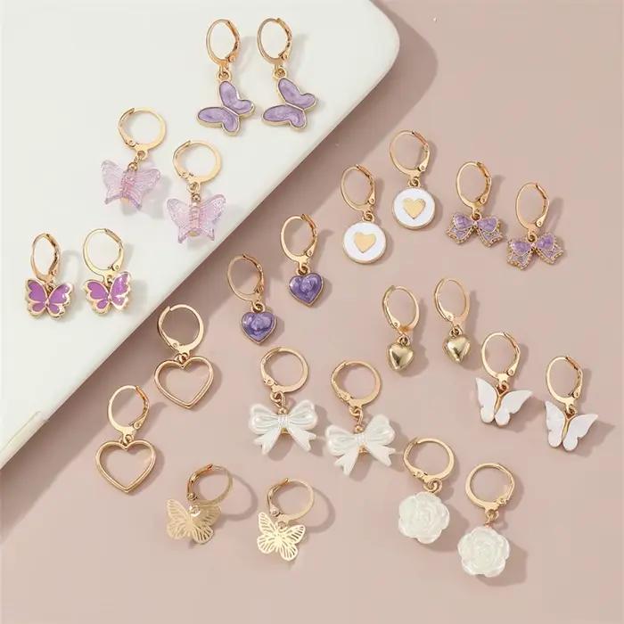 Boucles d'oreilles en alliage de fer motif cœur papillon et fleur pour femmes élégantes et romantiques occasions quotidiennes et spéciales