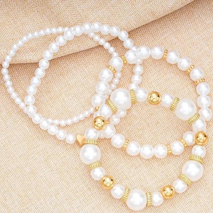 Ensemble de bracelets en perles artificielles simples pour femmes, style bohémien, couleur or, cœur, breloques, chaîne, bijoux à la mode pour filles, 4 pièces