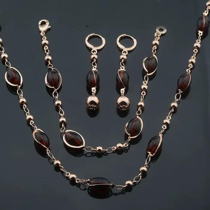 Femmes dames 585 couleur or Rose marron vert perle Bracelet collier boucles d'oreilles ensemble bijoux