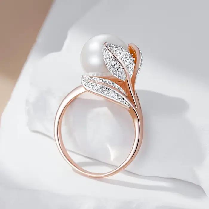 Wbmqda – grandes bagues en perles blanches pour femmes, couleur or Rose 585, bijoux de luxe en Zircon, cadeaux de mariage
