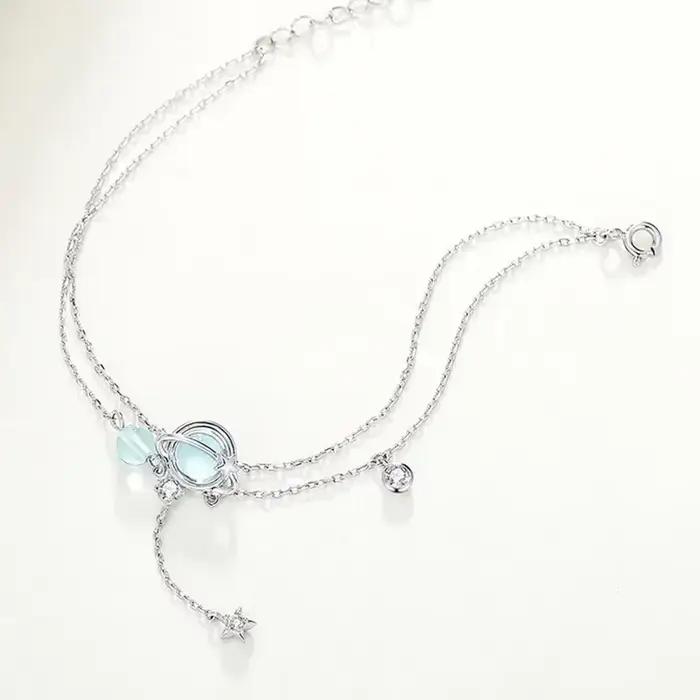 Double Bracelet en Argent Sterling 925 avec Aigue-Marine et Zirconium Blanc, Bijou Tendance Élégant pour Femmes, Idéal pour Soirées et Autres Occasions Spéciales