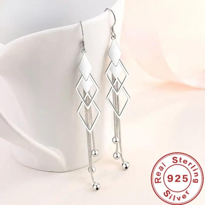 Boucles d'oreilles longues géométriques en argent regardé 925 pour femmes