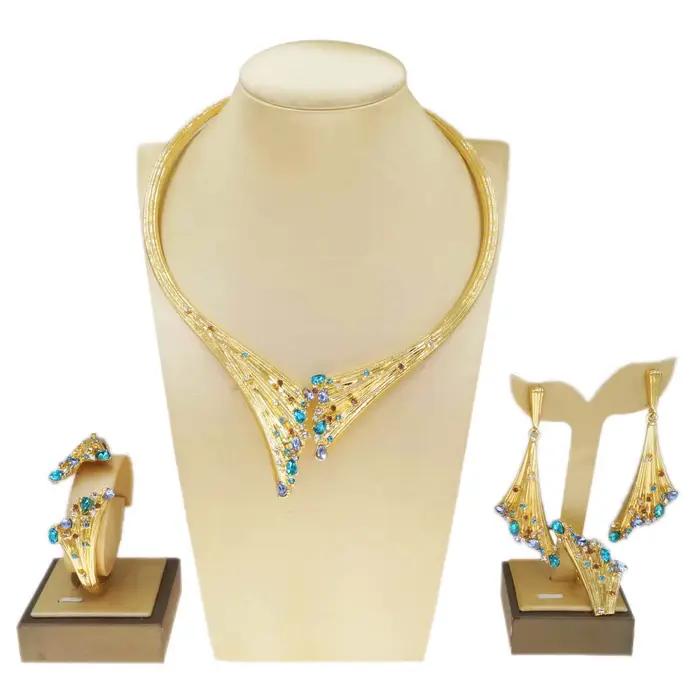 Ensemble de bijoux plaqués or SYHOL collier de luxe en pierre bleue bracelet bague pour femmes occasions spéciales mariage anniversaire
