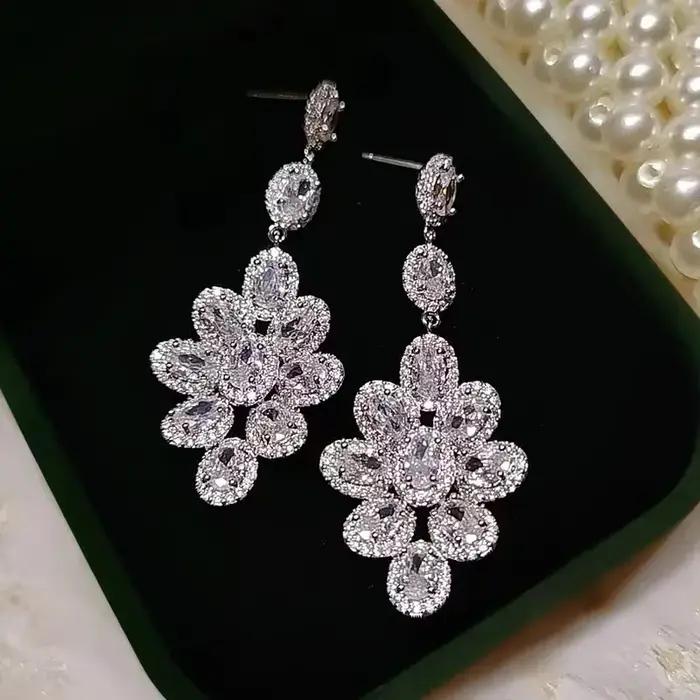 Breloque fleur diamant boucle d'oreille 925 en argent sterling boucles d'oreilles de mariage pour les femmes promesse de mariée bijoux de fête de fiançailles