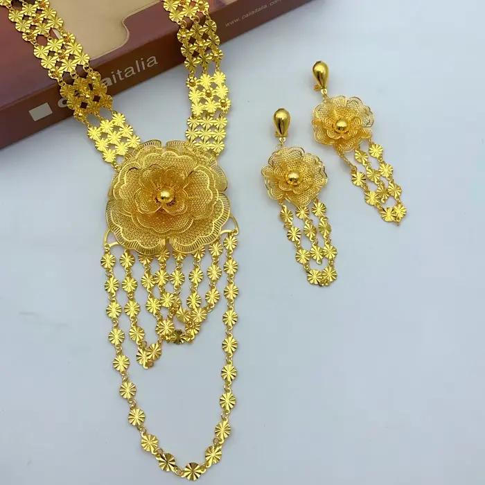 Ensemble de collier long et boucles d'oreilles de luxe plaquées or 24 carats style éthiopien et indien pour mariée et occasions spéciales