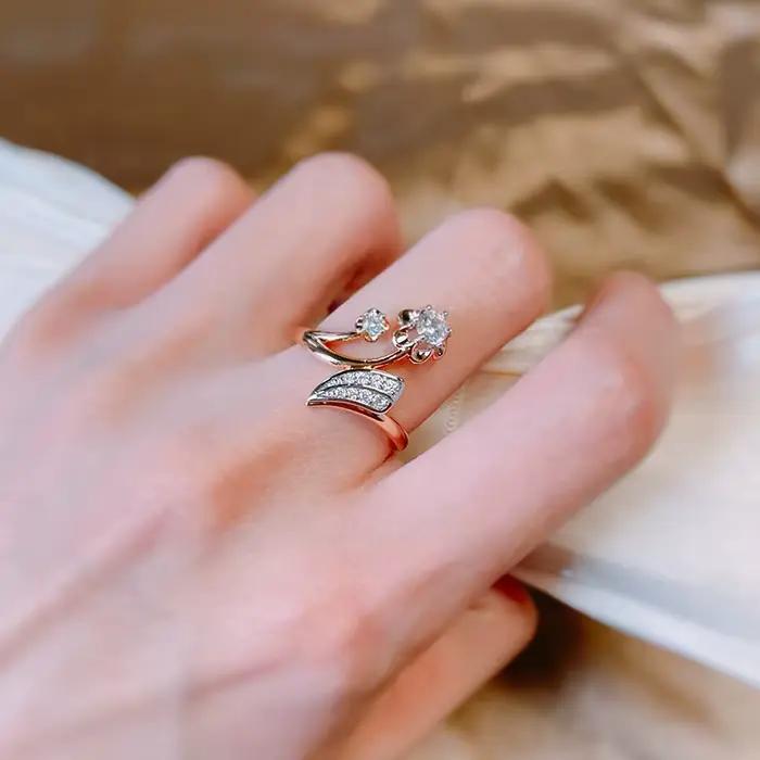 Anneau en or rose 585 avec zirconium blanc pour mariage et occasions spéciales vintage élégant pour femme