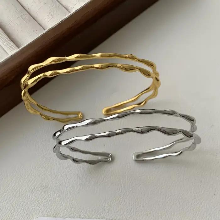 PANJBJ 925 argent irrégulier ligne dorée Bracelet pour femmes vague Double couche minimalisme Punk classique bijoux livraison directe