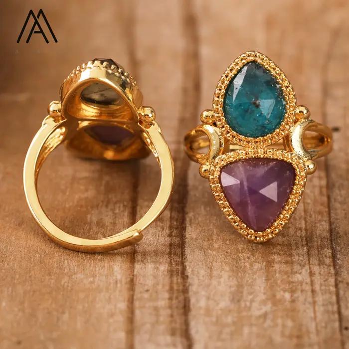 Bague réglable en forme de triangle avec pierres précieuses en cristal naturel, bijoux de mariage de créateur, alanding ysts
