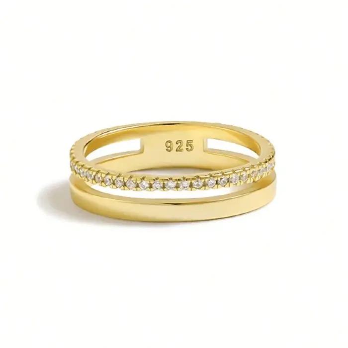 Bague ronde à double couche en diamant Moissanite véritable pour femmes