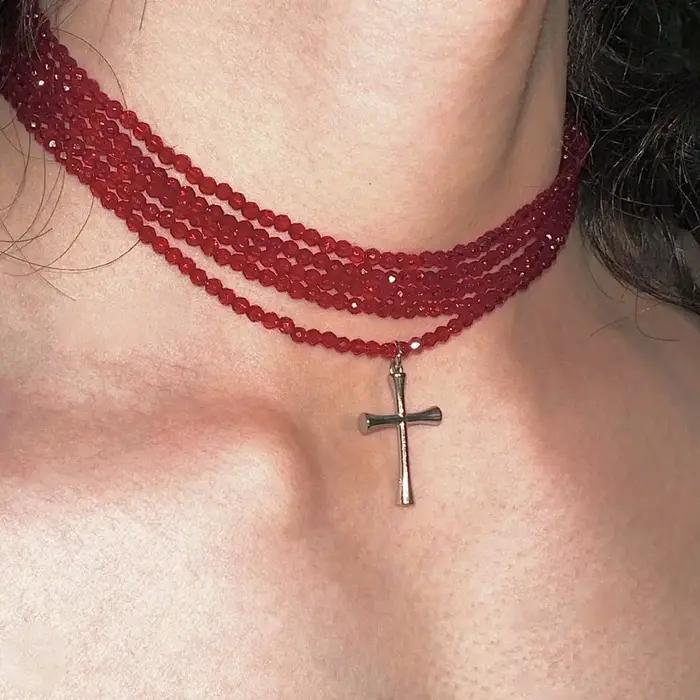 Collier gothique en forme de serpent pour hommes et femmes, Punk, Double couche, perles de cristal rouge, pendentif gouttelette d'eau, bijoux cadeaux