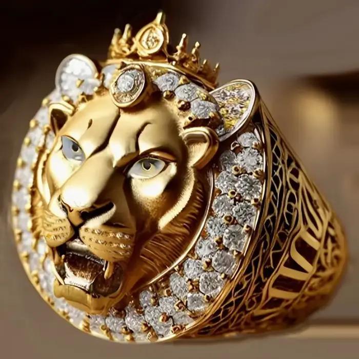 Bague Lion Couronne Hip Hop Or 2026 avec Zirconiums Sertis, Bijou Tendance pour Hommes et Femmes, Ca