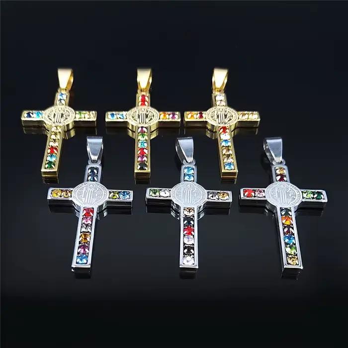 Collier en acier inoxydable avec croix de jésus catholique, pendentif en cristal de Saint benoît, vierge marie, Crucifix, colliers pour hommes, bijoux cruz