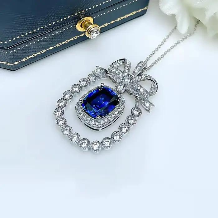 Collier nœud papillon en argent regardé 925 pour femme, saphir de laboratoire, pendentif complet de diamants, bijoux de mariage classiques, élégant