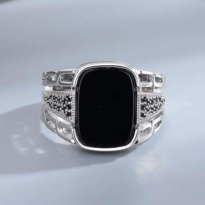 Bague en Argent Sterling 925 Sertie d'Agate Noire Élégante Cadeau de Fête pour Femmes Occasions Spéciales