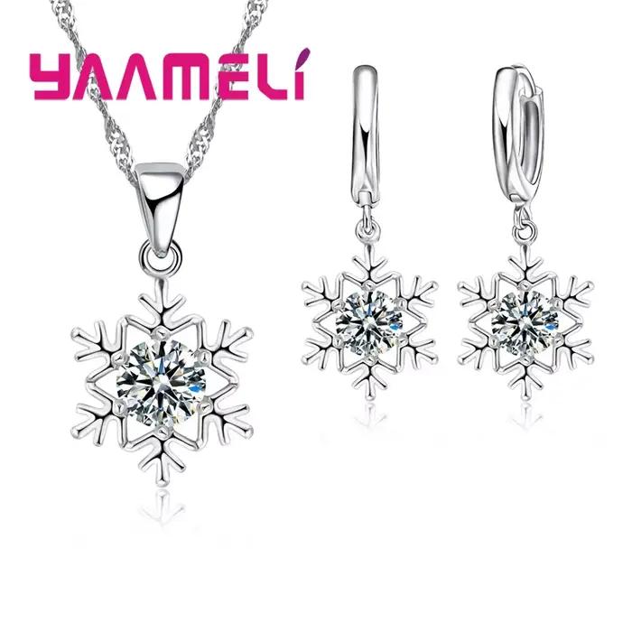 Ensemble de bijoux flocon de neige en argent Sterling 925 pour femmes, couleur Zircon CZ, pendentif