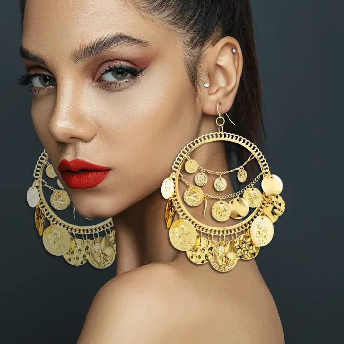 Boucles d'oreilles vintage tribales grand pendentif motifs géométriques bohèmes pour femmes occasions spéciales Halloween Noël cadeau fête
