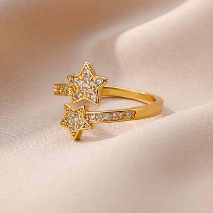 Bagues Double étoile en Zircon pour femmes et filles, en acier inoxydable, couleur or y2k, nouvelle tendance, bijoux esthétiques pour fête de mariage, 2024