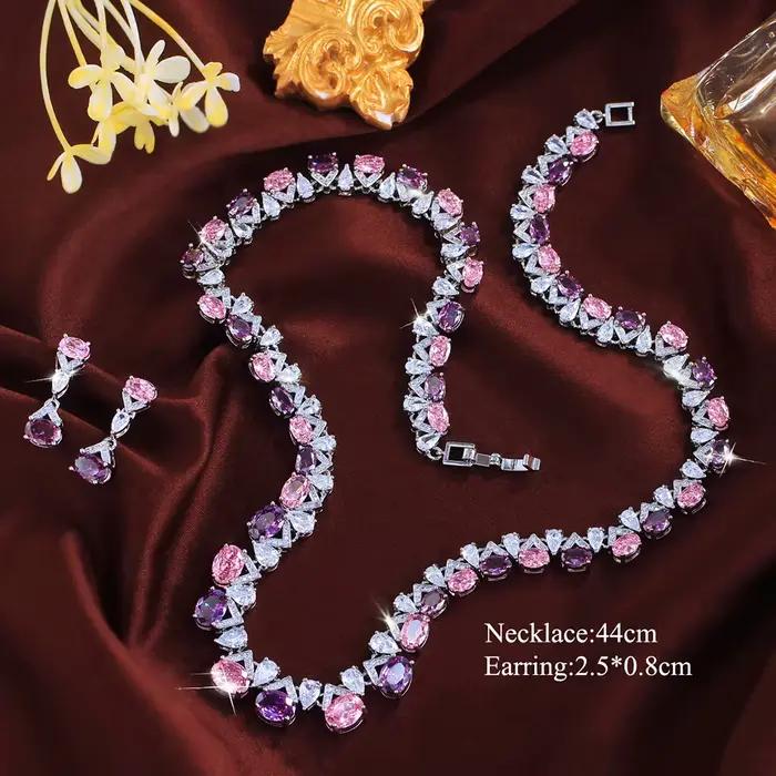 Pera – collier ovale de luxe en zircone rose et violette, boucles d'oreilles brillantes pour femmes, ensemble de bijoux pour mariage, banquet, soirée, J088