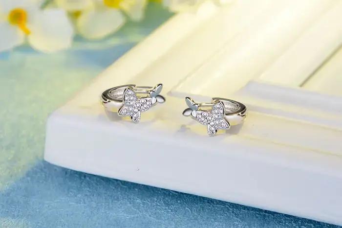 Bébé 925 argent clair CZ mignon Animal Double papillon cerceau boucle d'oreille pour enfants