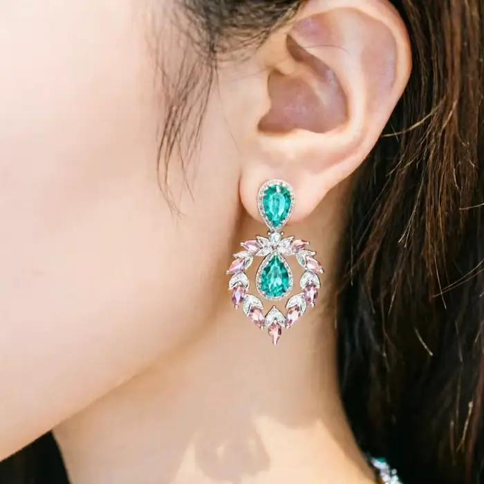 Parure de bijoux rose et vert de luxe léger, collier et boucles d'oreilles élégants, pour mariée, robe de soirée, cadeau pour femme