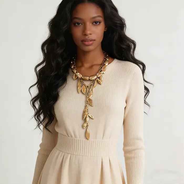 Collier Lariat Or Mat avec Pierres et Feuilles – Bijou Botanique Superposé pour Femme