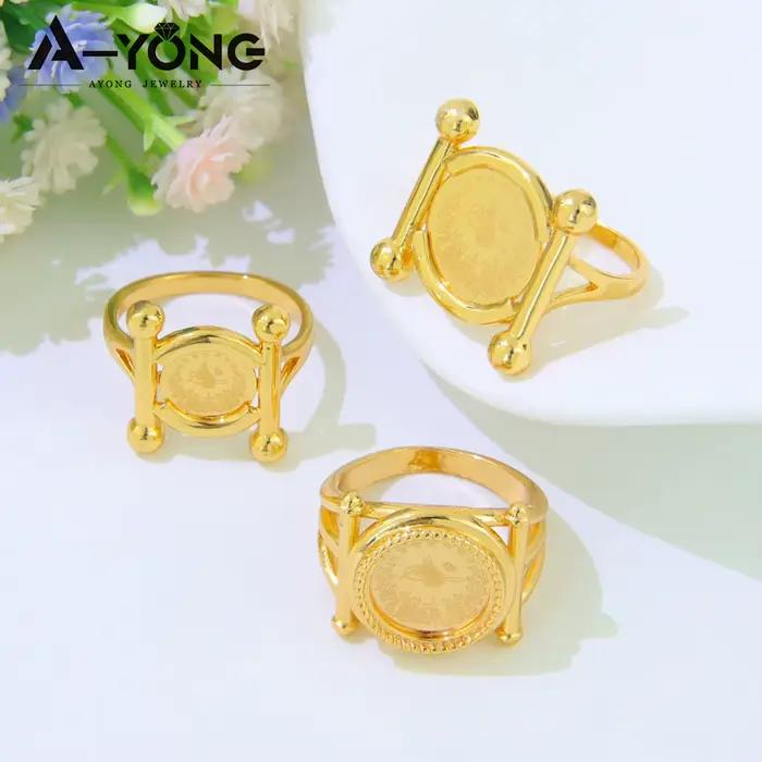 Bague de pièces d'or turques plaquée or 21 carats sertie de zirconium pour femmes - Alliances de mariage traditionnelles - Bijoux de fête pour occasions spéciales