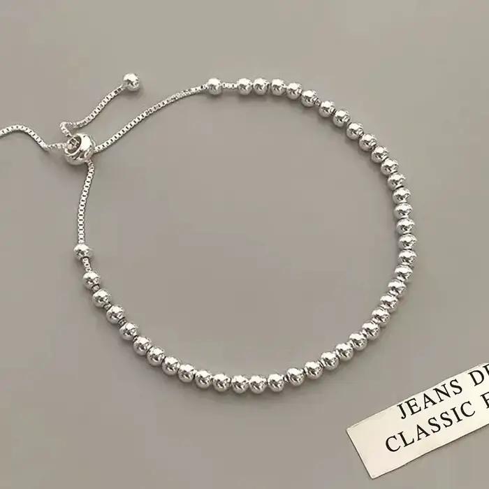 Bracelets en métal 100% argent Sterling 925 massif pour femmes et hommes, perles réglables, simples,