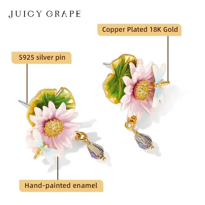 Boucles d'oreilles pendantes en forme de fleur de Lotus en émail de raisin juteux pour femmes
