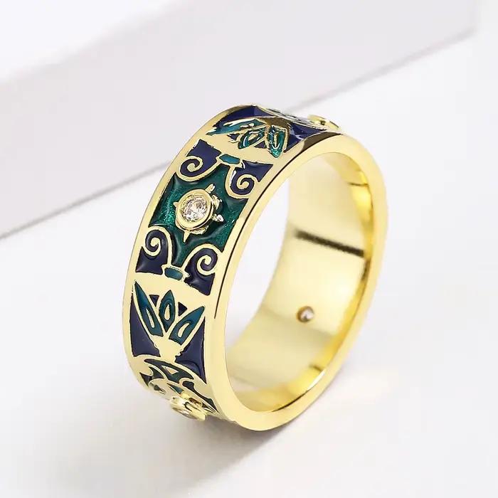 Bague créative en or 18 carats en émail fait à la main pour femmes
