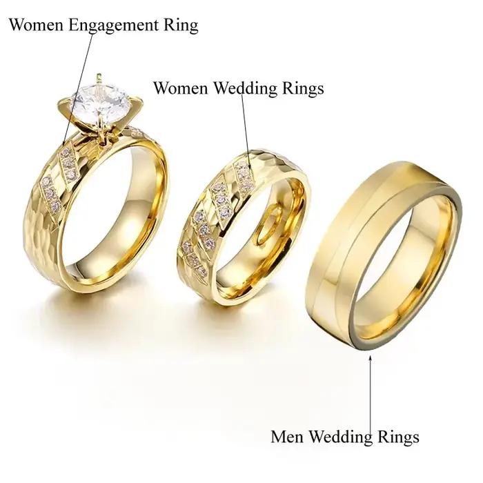 Love Alliance 3 pièces promesse de mariage bagues de fiançailles ensembles pour hommes et femmes 24k plaqué or Couple anneaux avec coeur symbole conception