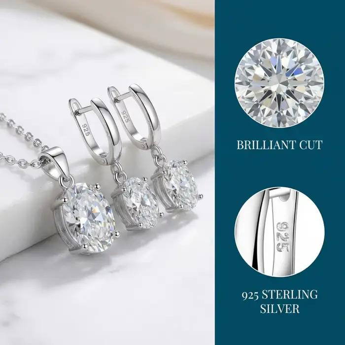 Ensemble de bijoux pour femmes en argent sterling 925 : bague ovale en zircon taillée en diamant, collier, boucles d'oreilles - Accessoires et cadeaux de luxe