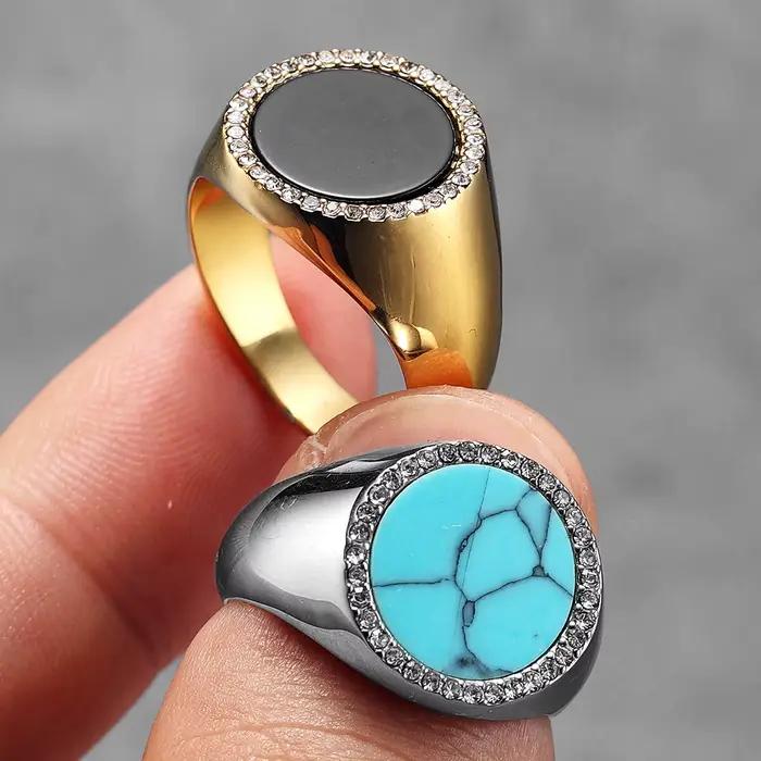 Bagues de luxe simples en acier inoxydable pour hommes et femmes, pierres précieuses Turquoise, Punk, nouveau, bijoux à la mode, cadeau créatif, vente en gros