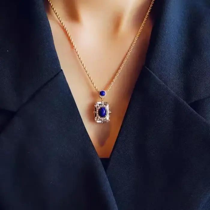 Collier en Lapis Lazuli en Argent 925 pour Femme, Design Original, Observateur, Luxe, Clip Blanc, Pendentif Carré, Clavicule Bleue, Bijoux Occasions Spéciales