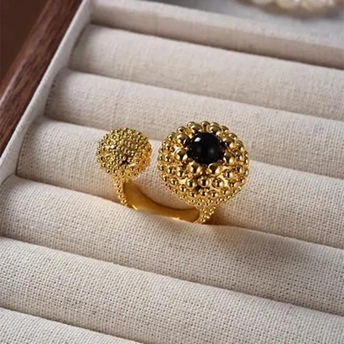 Bagues ouvertes épaisses en métal d'agate noire plaquée or Vintage pour femmes et filles