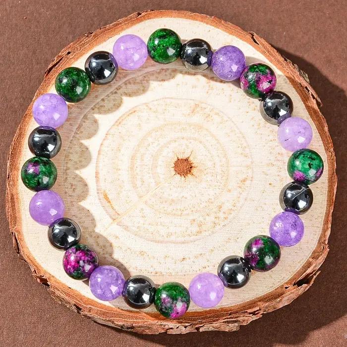 Bracelet en pierre naturelle pour la guérison de la dépression avec pierre vert fleur et mica violet pour femmes et hommes occasions spéciales bien-être émotionnel