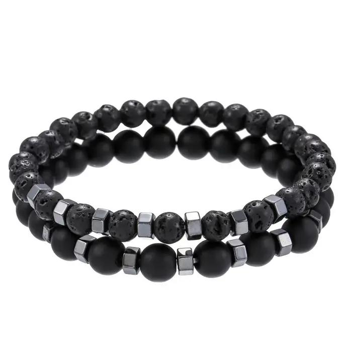 2 pièces/ensemble Bracelet de perles hommes pierre de lave Agate oeil de tigre perle charme hommes femmes Bracelet ensembles bijoux meilleurs cadeaux Pulsera Hombre