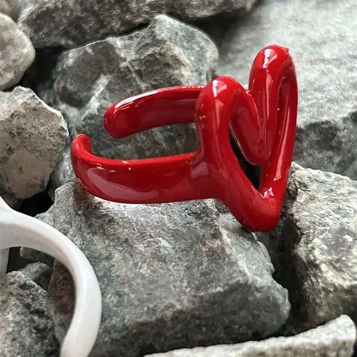 Hiphop Punk rouge émail coeur amour anneaux pour femmes mode géométrique ouvert dégoulinant huile anneau Y2K été Couple bijoux cadeaux