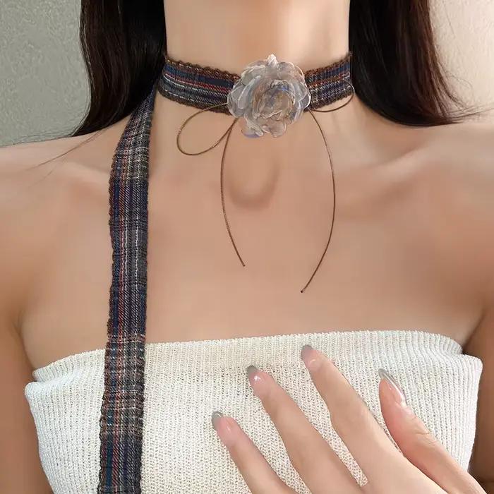 Colliers ras du cou en fil imprimé écossais plissé pour femmes, ruban Vintage français, écharpe à fleurs, chaîne de cou, bijoux de fête d'anniversaire