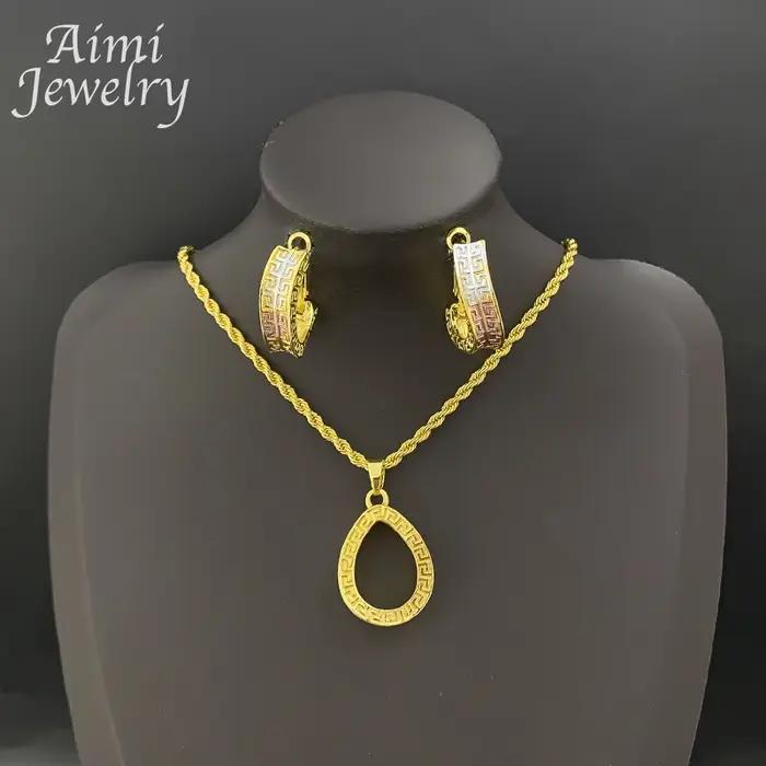 Ensemble de bijoux de luxe plaqués or pour femmes, pendentif avec chaîne, boucles d'oreilles pendantes, cadeaux d'anniversaire de mariage, accessoires de bijoux