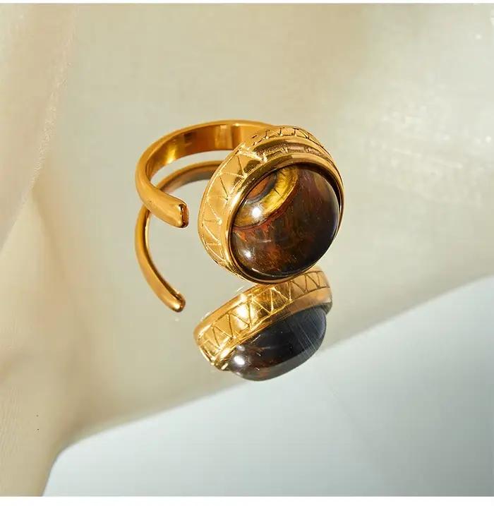 Bague Vintage Turquoise Naturelle pour Femme, Acier Inoxydable Plaqué Or, Bague Ronde Ouverte Femme, Bijoux Fantaisie, Cadeau