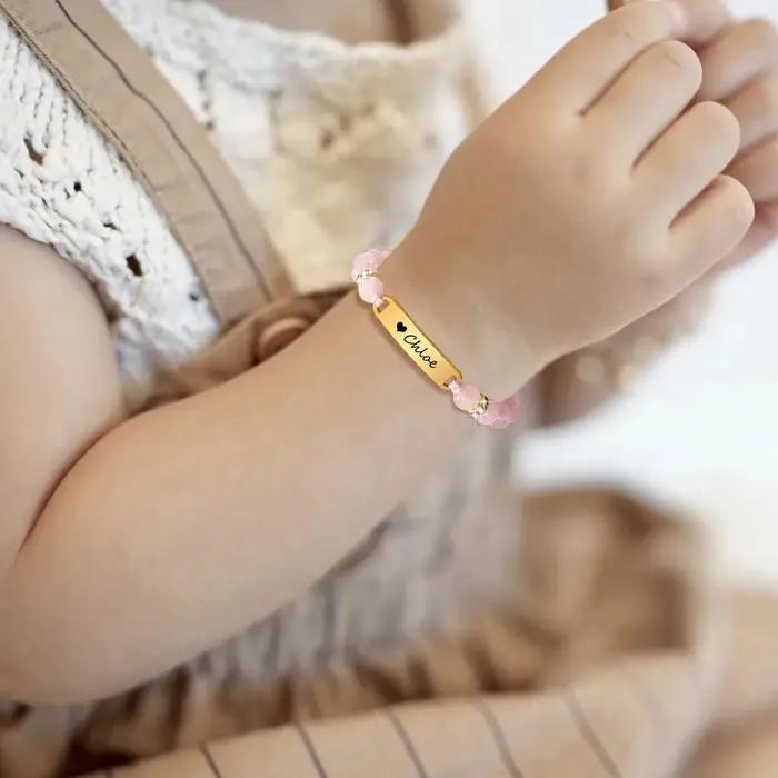 Bracelet de barre de bébé personnalisé avec pierres en forme de cercle, bracelet d'identification de nom pour filles, bracelet gravé pour bébés, bijoux personnalisables pour occasions spéciales
