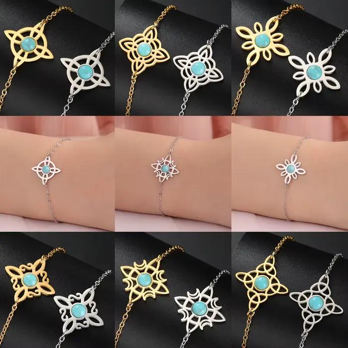 LIKGREAT-Bracelet double noeud de sorcière celtique pour femme, breloque croissant de lune, pierre bleue, acier inoxydable, bijoux, cadeau de Noël