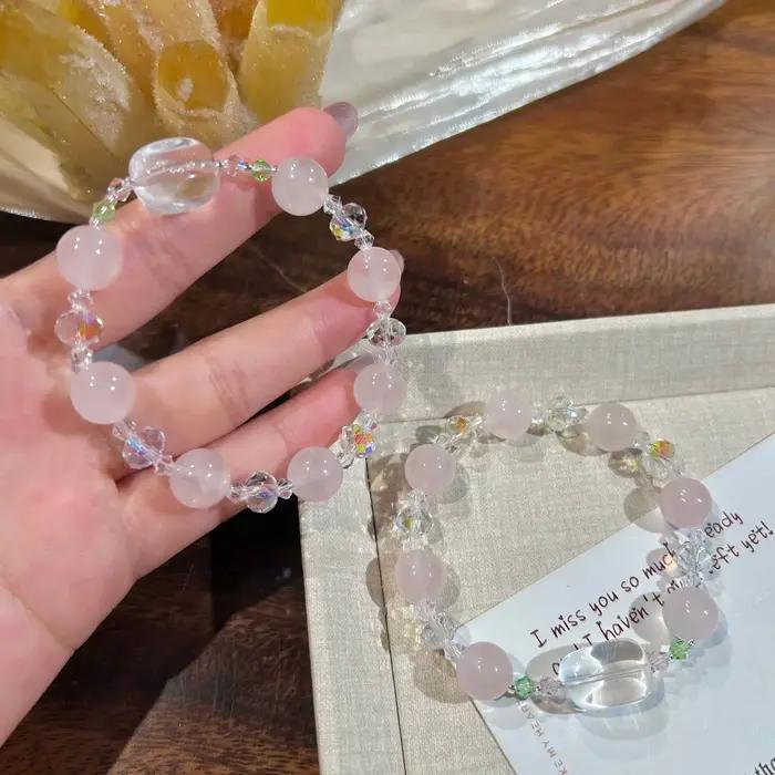 Bracelet en quartz rose naturel/quartz clair à brin unique pour femmes