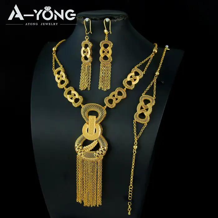 Ensemble de bijoux de mariage de mariée de luxe de dubaï plaqué or 24 carats algérie Premium Vintage Long pendentif