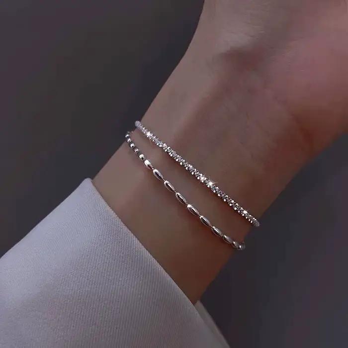 Bracelet double couche en argent Sterling 925 à perles blanches et motif géométrique pour femme