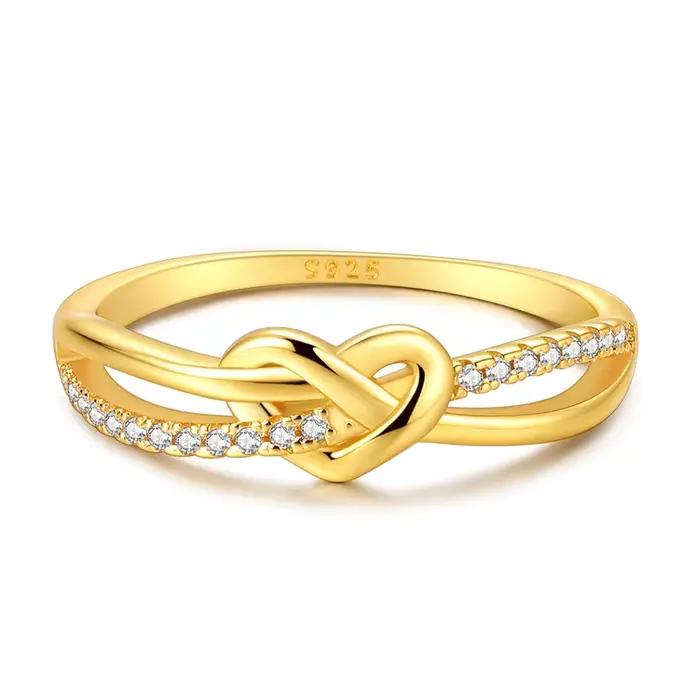 Bague en argent Sterling S925 avec nœud d'amour doré pour femmes, bijou de personnalité élégant pour occasions sociales et cadeaux de fête