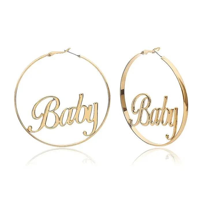 Zanyway-Grandes boucles d'oreilles créoles exagérées pour femmes, cercle de lettres de bébé, boucle