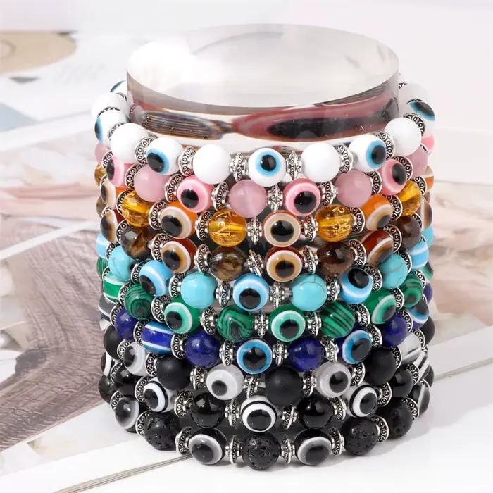 Bracelets mauvais œil colorés faits à la main pour hommes et femmes, bracelets perlés, bijoux élastiques, jaune, rose, noir, bleu, vert, mode