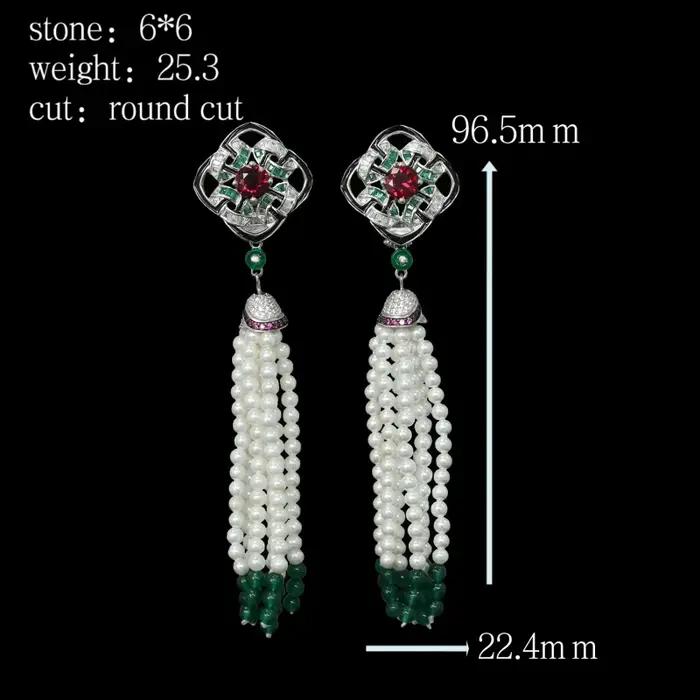 Bellux bijoux conception Unique 925 argent Zircon sang de Pigeon rubis vert perles Vintage gland perle boucles d'oreilles